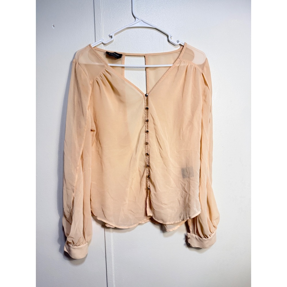 Bebe Blouse Womens Medium Peach Sheer Open Back Stud Button Long Sleeve